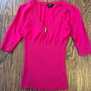 XOXO HOT PINK RIBBED V-NECK TOP PEARL GOLD BUTTONS